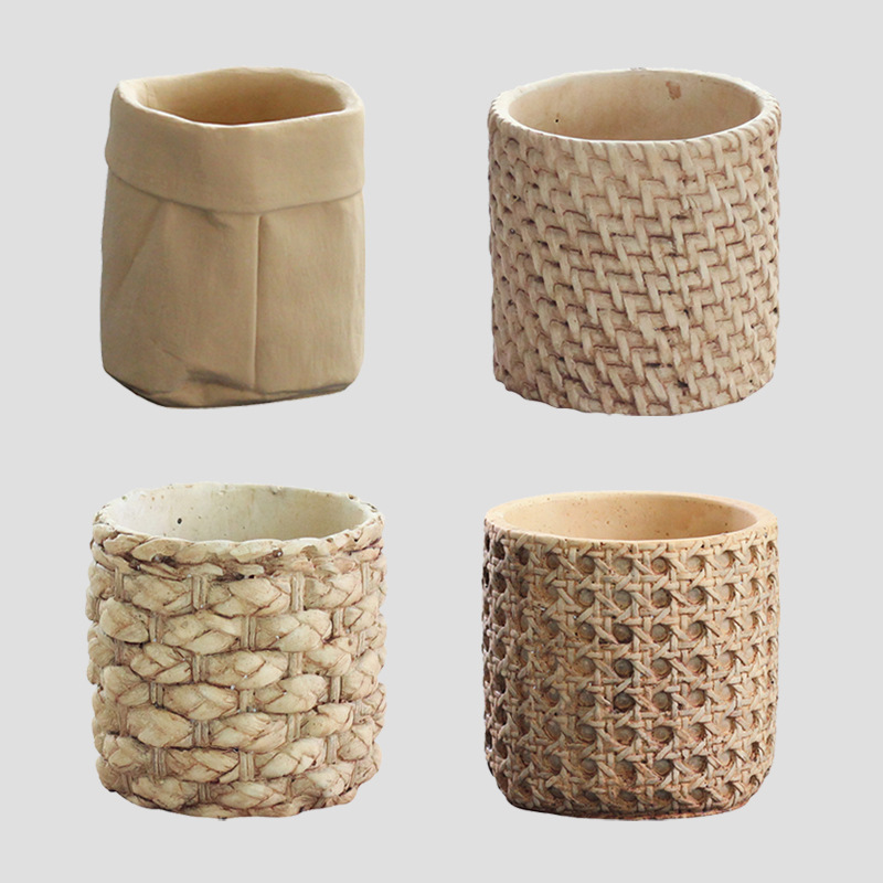 Nordic weaving cement flower pot European creative bag rattan green plant set pot bamboo weaving small pot plant pot ins