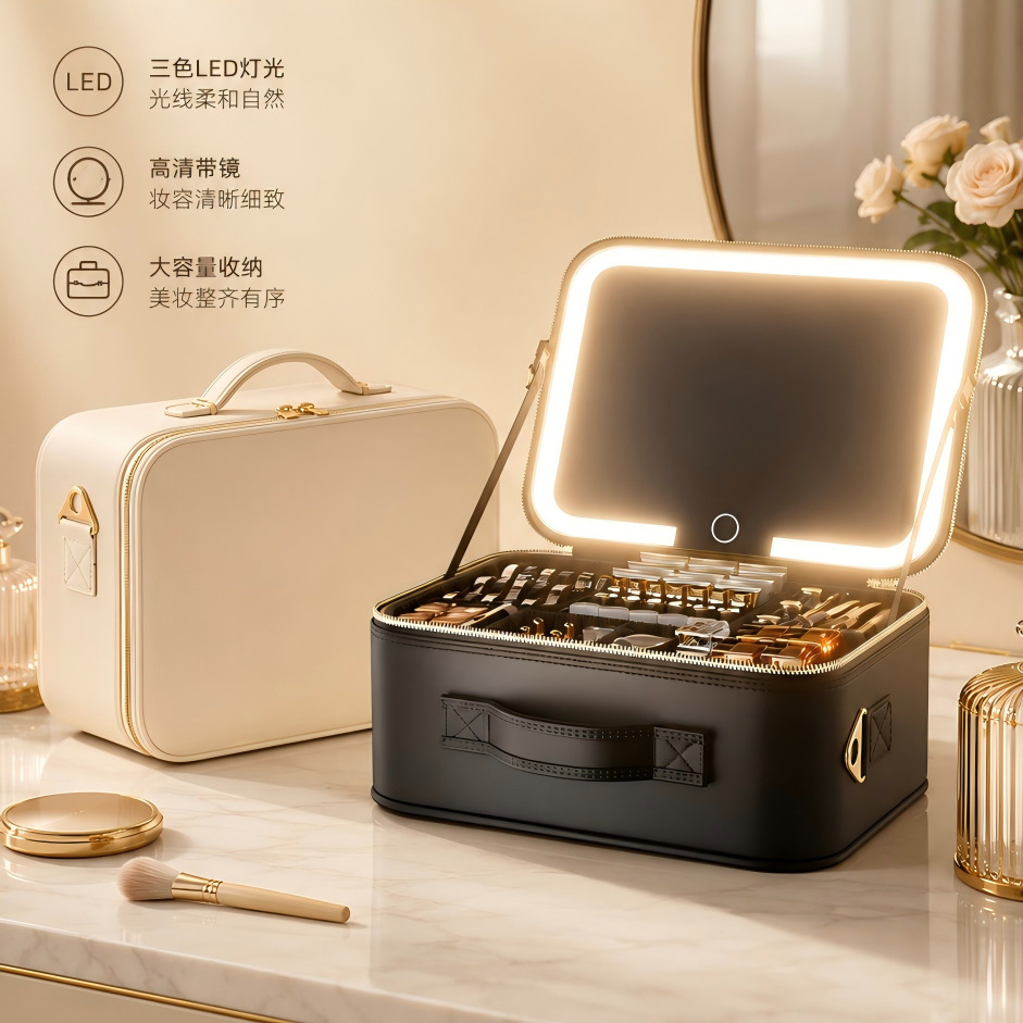 Caja de maquillaje con lámpara LED, bolsas de maquillaje con espejo, bolsas de almacenamiento portátiles de gran capacidad y maquillaje personalizado.