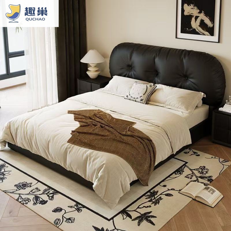 Light Luxury Genuine Leather Bed, Modern Minimalist Black Trendy Cream-Style Double Bed for Small Bedroom with Storage, Wedding Bed