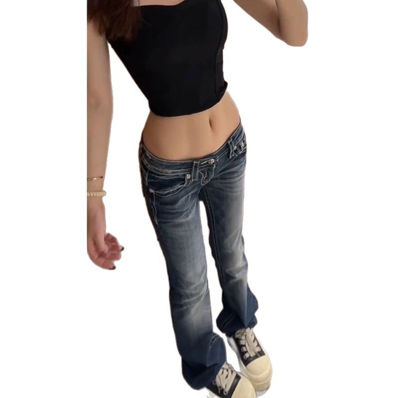 Women's Y2K Low Waist Embroidered Flared Jeans – Vintage Bluish Denim Wide Leg Pants (S-XL)_mkmklike.com