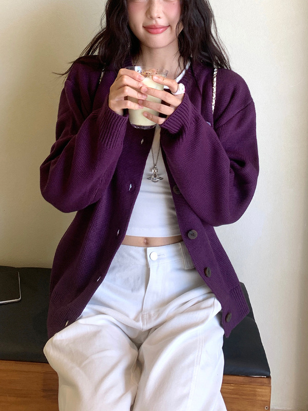 新款显白紫色毛衣开衫温柔外套女秋冬季休闲宽松针织开衫甜美上衣|undefined