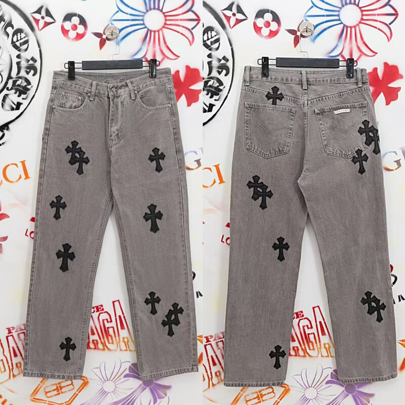 2024 autumn and winter new fashion brand jeans cross leather silver washed jeans for men and women