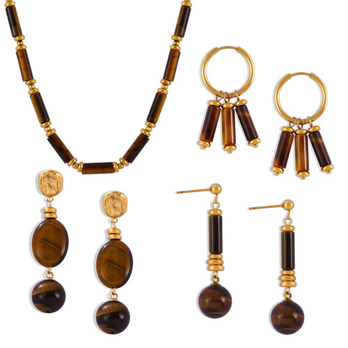 Leatherback-style retro niche temperament elegant jewelry tiger's eye bead design sense titanium steel gold-plated jewelry set