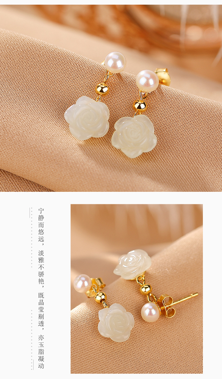 Bông tai bạc S925 mạ vàng đính ngọc trai và đá sapphire phong cách hoa hồng — Kiểu ngọc trai Sapphire chi tiết 4
