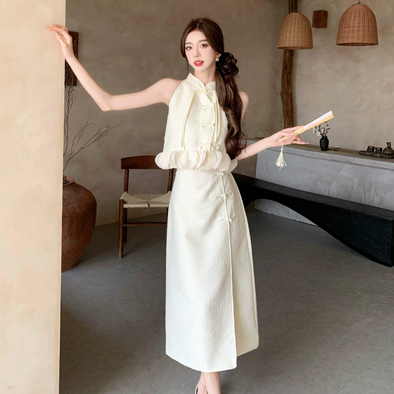 Настоящая фотография нового женского костюма в китайском стиле, топ без рукавов с жаккардовыми пуговицами, летняя юбка трапециевидной формы с высокой талией, комплект из двух предметов