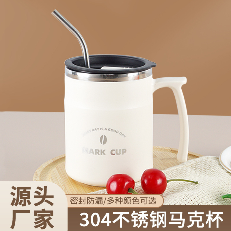304 taza de acero inoxidable simple ins estilo taza de café con tapa portátil taza de desayuno del hogar con paja taza de agua
