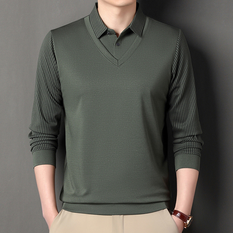 春秋季男士长袖T恤中年爸爸装宽松大码翻领打底上衣假两件POLO衫