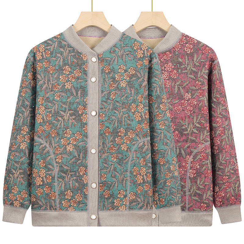 Middle-Aged and Elderly Women's Autumn and Winter Fleece-Lined Warm Jacket Coat for Elderly Women, Grandma's Thick Cardigan, Women's Top