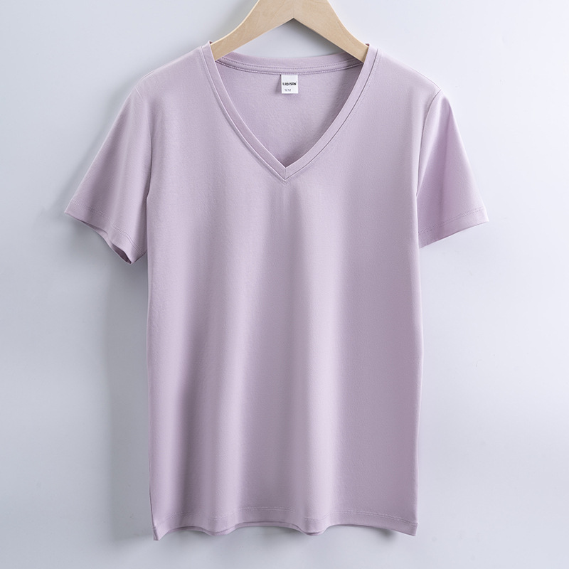 高品質80本両面シルク綿tシャツ女性夏ゆるい丸首v襟純綿純色新疆綿半袖tシャツ|undefined