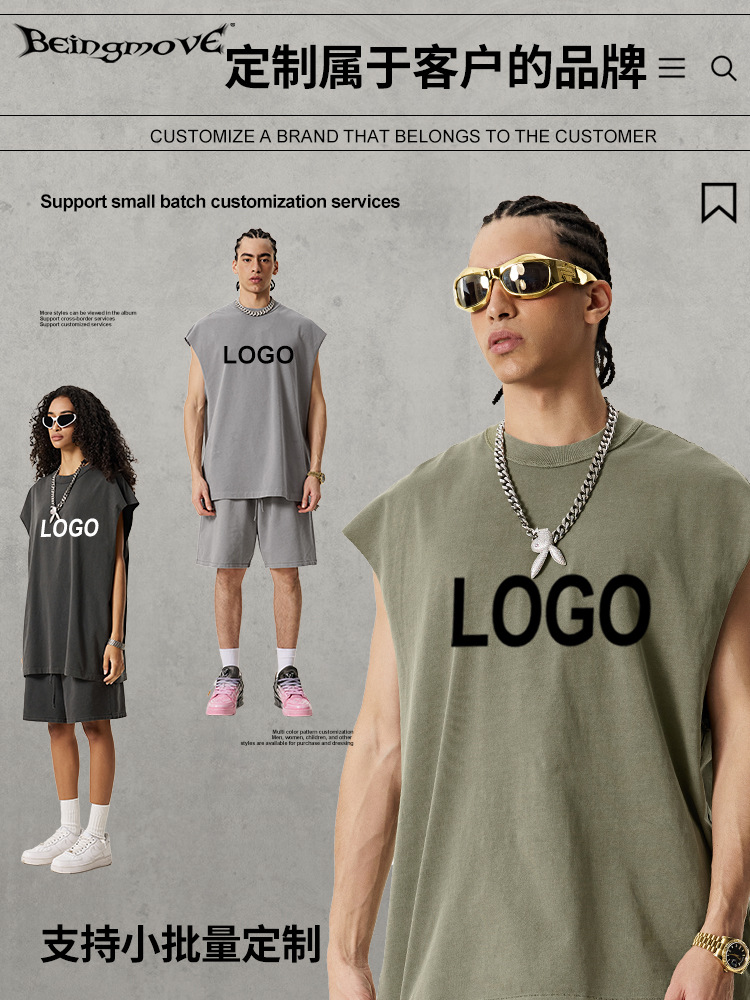 2025 verano americano retro hacer viejas camisetas sin mangas de alta calle Batik hombre chaleco de hombro de cuello redondo hombre y mujer pareja