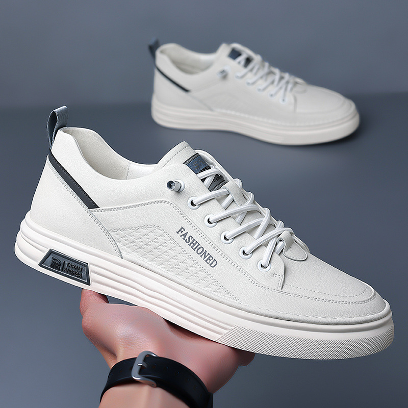Men's Shoes, Business Casual Leather Shoes, Men's Cowhide Soft-Soled Non-Slip Korean Style White Shoes, Low-Top Sneakers, One-Piece Dropshipping Flat Shoes