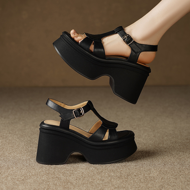 Sandal nữ đế nêm da thật phong cách La Mã hở mũi, gót 10 cm — đen, màu nâu sẫm