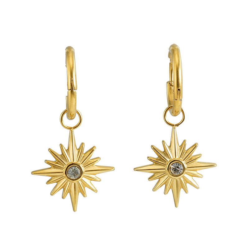 Cruz-Frontera de acero inoxidable de moda europea y americana diamante ocho Awn estrella pendientes colgante de titanio de acero 18K pendientes de oro pendientes para las mujeres