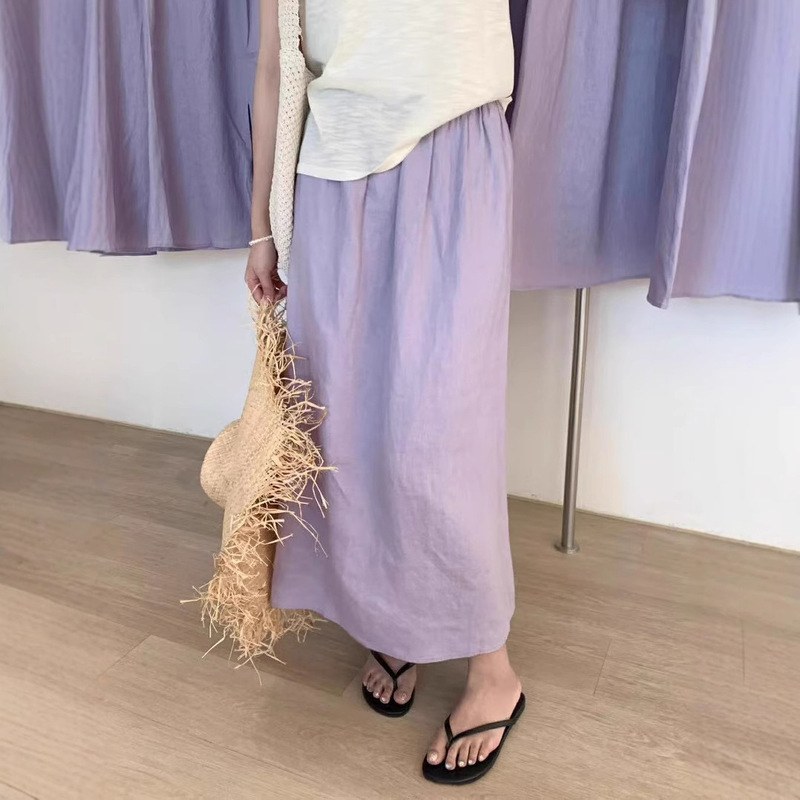 Gentle Style Purple Skirt for Women in Summer, Thin Design, Small Back Slit, Straight Linen Umbrella Skirt, Long Skirt