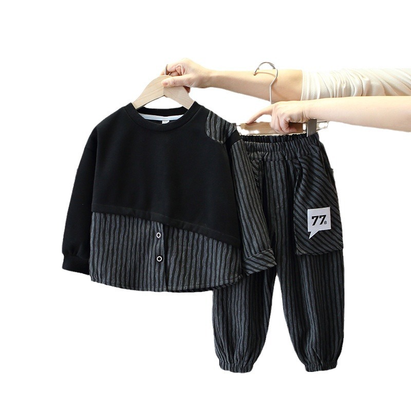 6128 Traje de primavera para niños 2025 nuevo suéter a rayas fresco y guapo falso de dos piezas de bebé moda fresca primavera y otoño