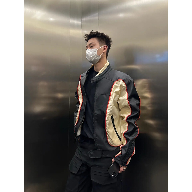 American retro motorcycle racing suit men's fashionable spring and autumn stitching high-grade jacket High Street Pu Shuai shoulder pad baseball uniform American retro motorcycle racing suit men's fashionable spring and autumn stitching high-grade jacket High Street Pu Shuai shoulder pad baseball uniform