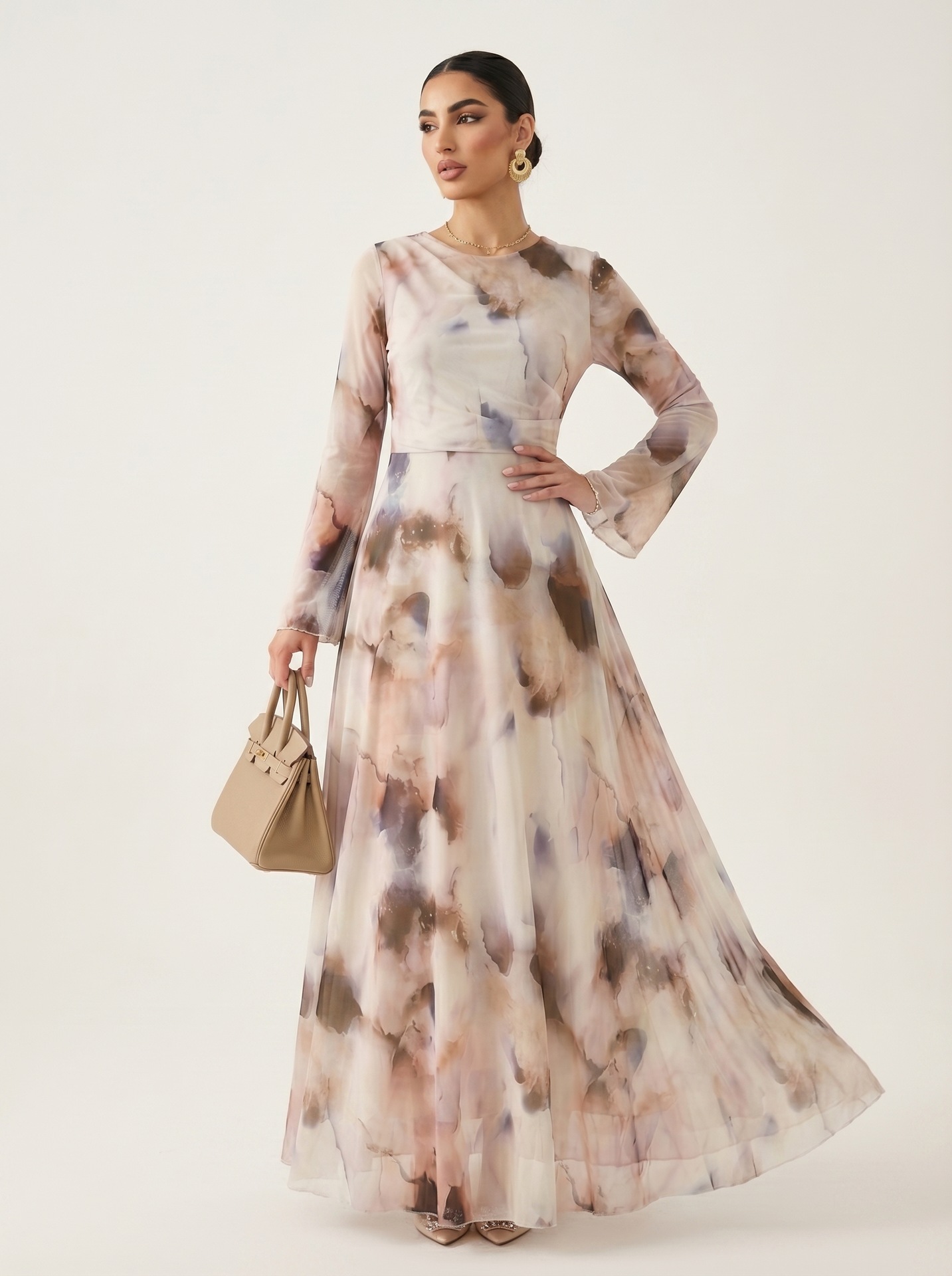 Elegant Floral Print Flared Sleeve Maxi Dress For Women, A-Line Boho Chic Long Dress With Soft Fabric_ecoleips.com