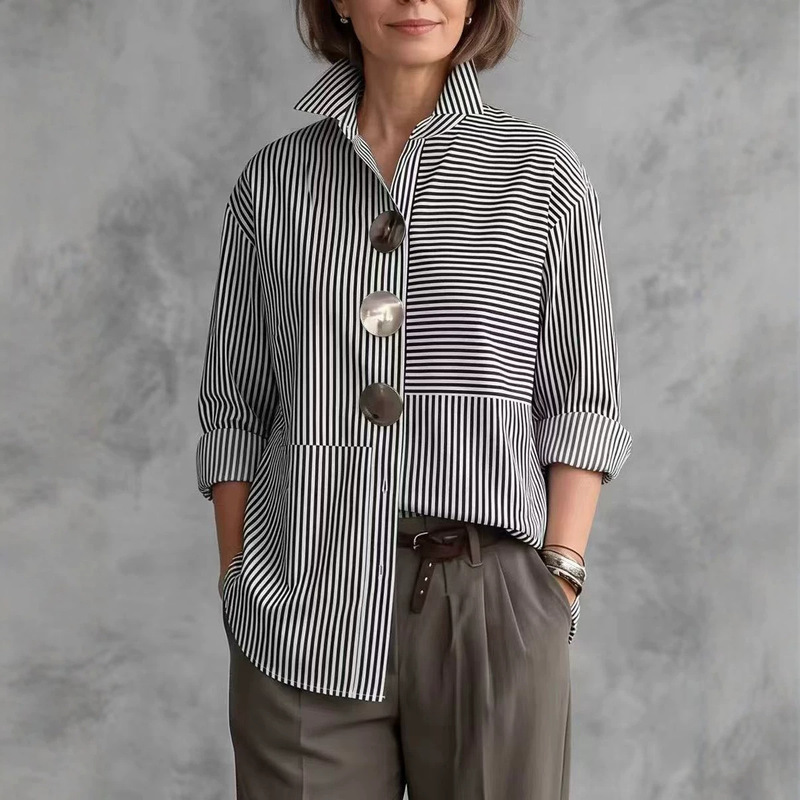 European and American cross-border Amazon foreign trade 2026 new women's striped shirt casual fashion metal large button top