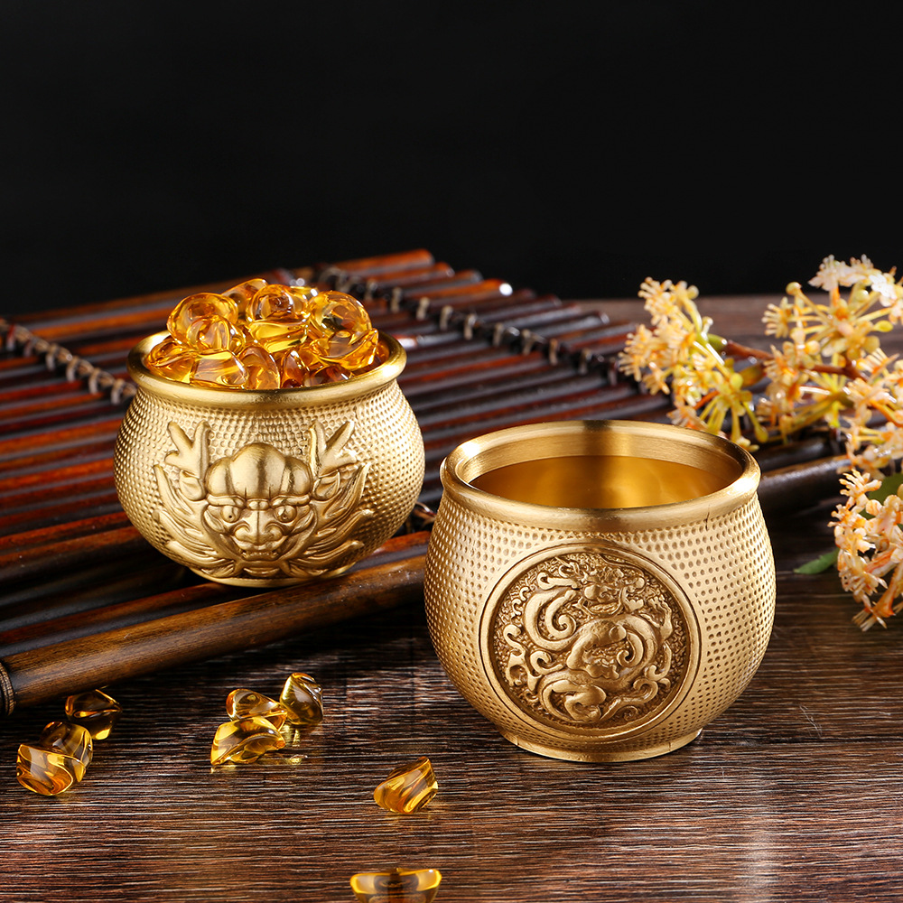复古黄铜精雕龙虎杯供奉百福龙头杯小摆件书房桌面装饰品茶具酒杯