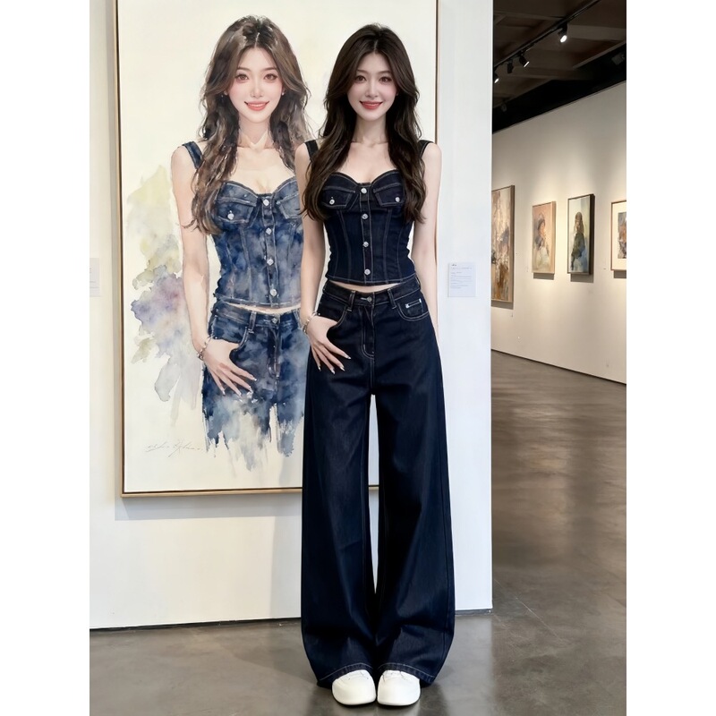 Summer Outfit for Petite Women: a Stylish Denim Camisole Top and Wide-Leg Pants Two-Piece Set for Women