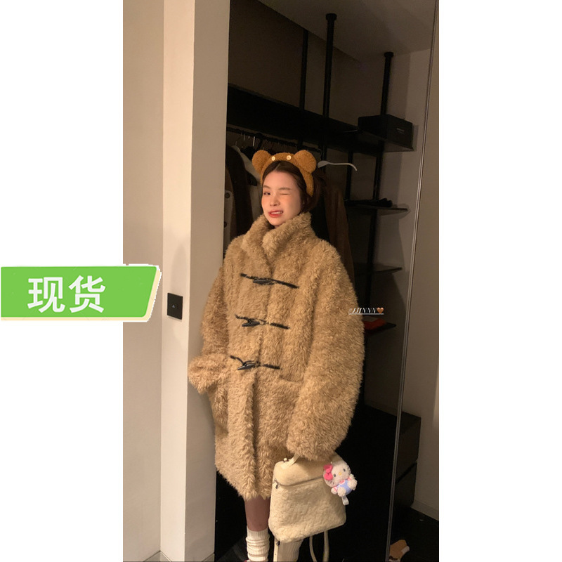 HEYG black brother Teddy's warm leather loop horn buckle warm loose faux lamb wool coat