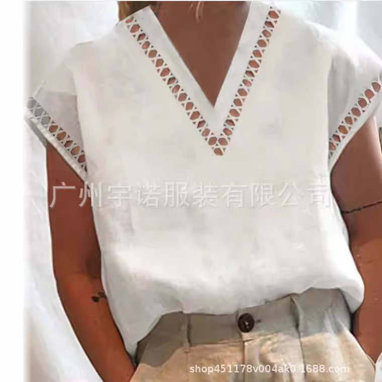 亚马逊wish速卖通2023新款欧美女装蕾丝镂空棉质亚麻v领衬衣女式