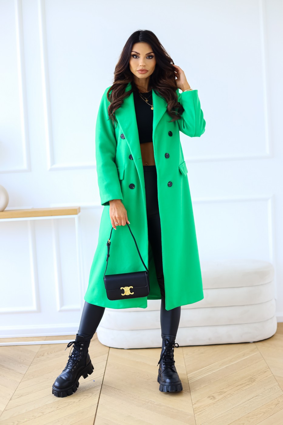 solid color double-breasted long-sleeved lapel button woolen coat NSYF138757