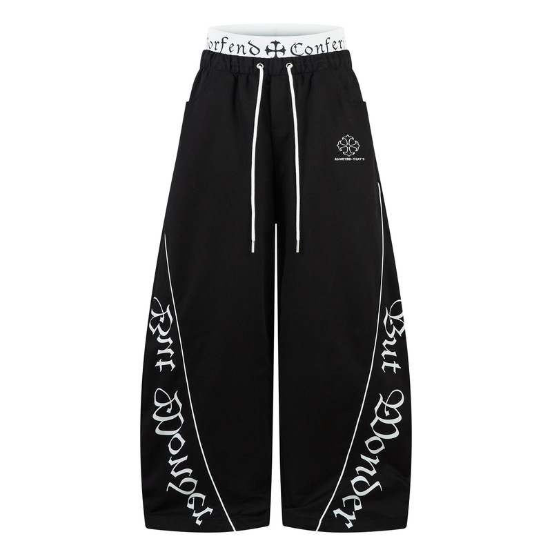 Bf.Borfend/Bo Feng American Retro Gothic Letter Double Waistband Scimitar Sweatpants Unisex Cargo Wide-Leg Pants