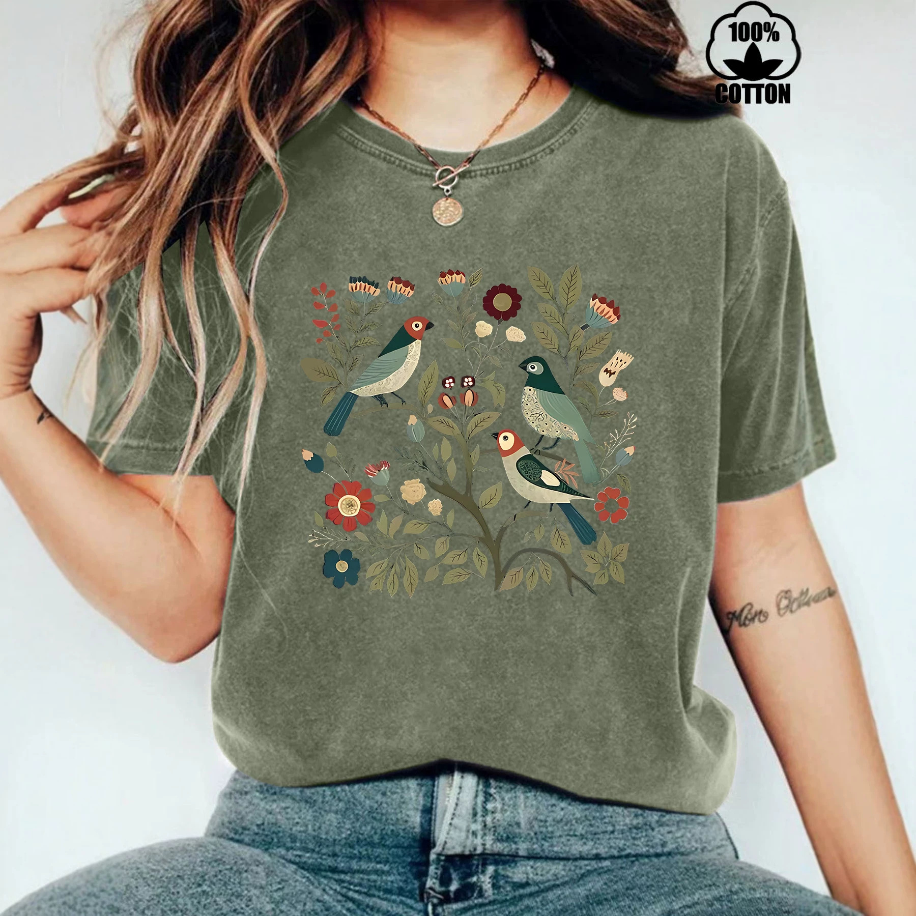 Independent Brand Summer Pure Cotton Washed Vintage Pastoral Style Birdsong and Floral Scent Round Neck Pullover Short Sleeve Ebay Women's T-Shirt