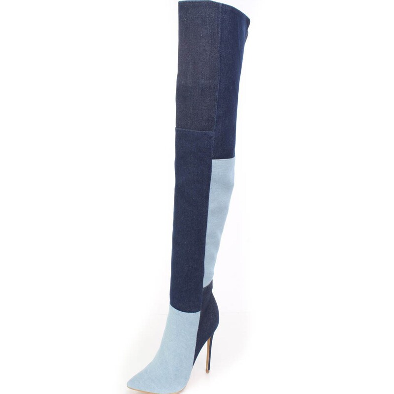 Foreign trade color matching denim knee-high boots European and American spring and autumn patchwork pointed high-heeled knee-high boots manufacturers