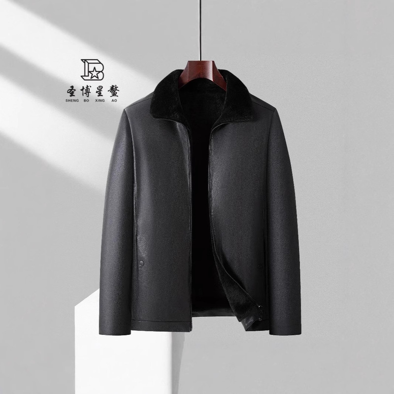 Small Lapel Fur Integrated Men's Leather Jacket New Style New Winter Velvet Thickeneded Warm Loose Men's Leather Jacket