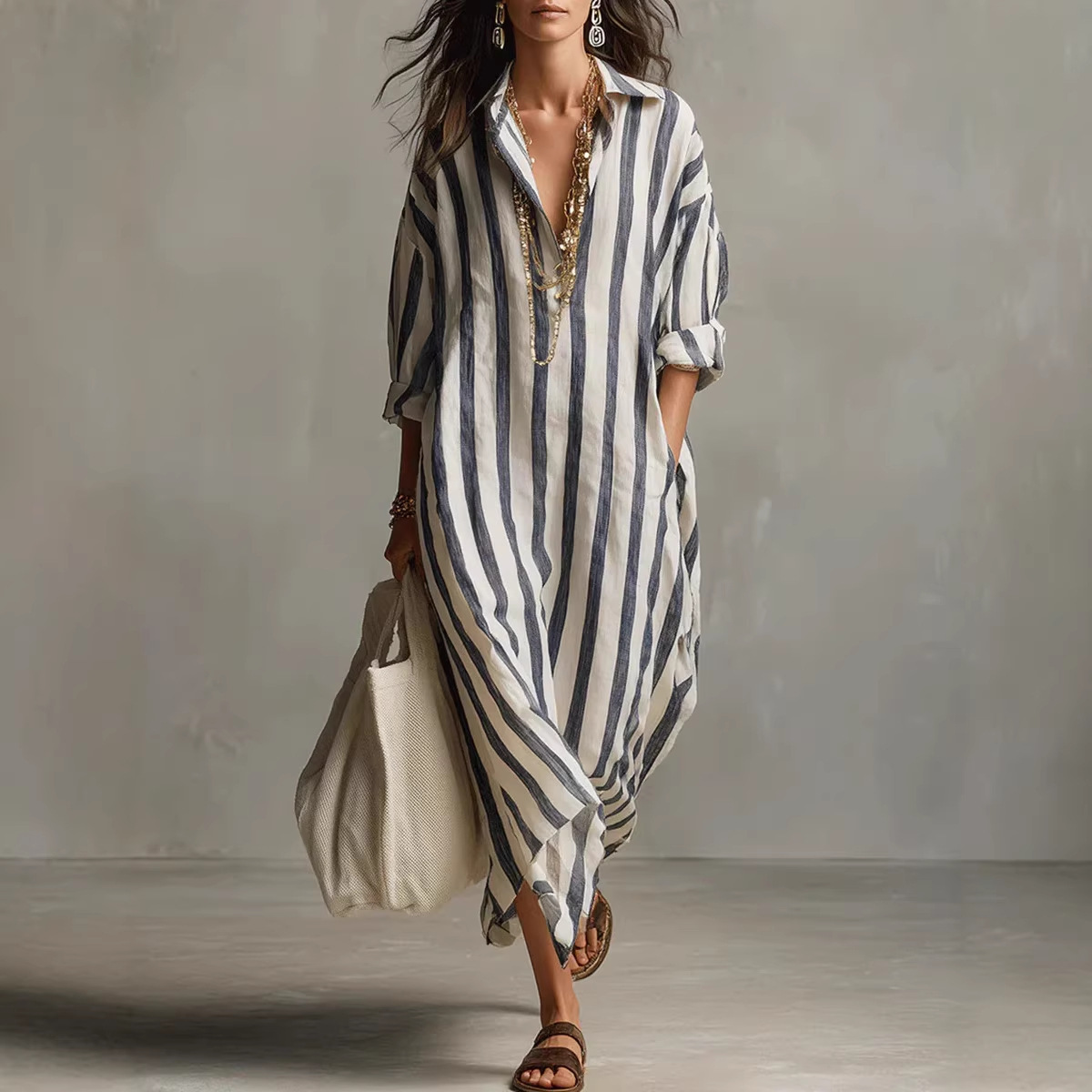 2026 European and American Independent Fashion Platform Cross-Border Fashion Loose V-Neck Long Striped Summer Three-Quarter Sleeve Women's Shirt Dress
