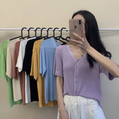 V-neck women's spring and summer 2025 retro gentle thin ice silk short-sleeve black short bm knit sweater