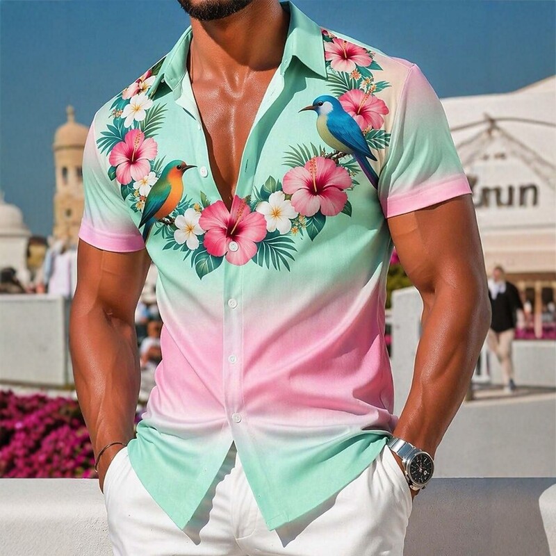 Foreign Trade Gradient Floral Hawaiian Vacation Shirt, Men's Tropical Floral Short-Sleeve Shirt, Cross-Border Dropshipping