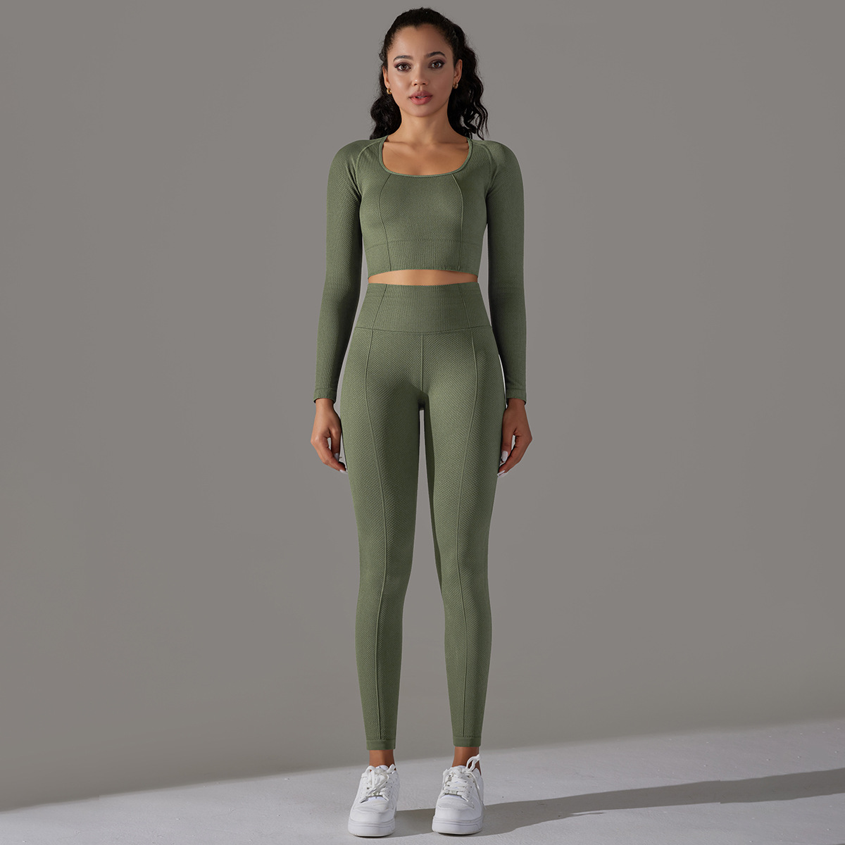 Transfronterizo europeo y americano sin costuras de punto de color sólido Jacquard de corte bajo apretado de manga larga ropa de yoga traje deportivo de fitness traje de dos piezas