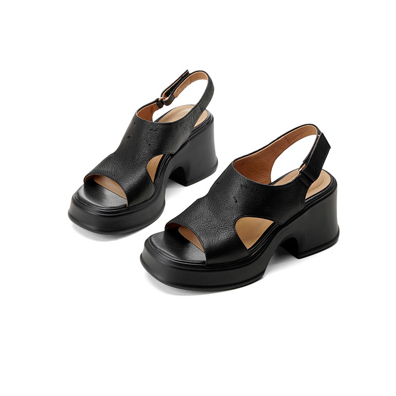 Sandal nữ đế dày gót vuông quai ngang khóa một dây phong cách La Mã — đen chi tiết 16