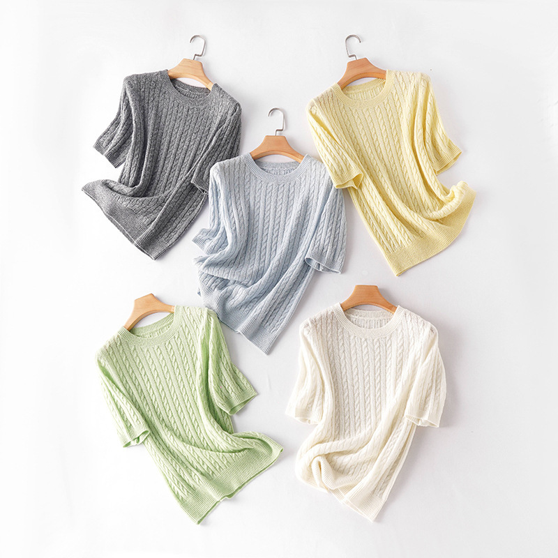 Classic Cable-Knit Spring and Summer Short-Sleeved Women's Cashmere Wool Knitwear Solid Color Top That Can Be Worn in Three Seasons