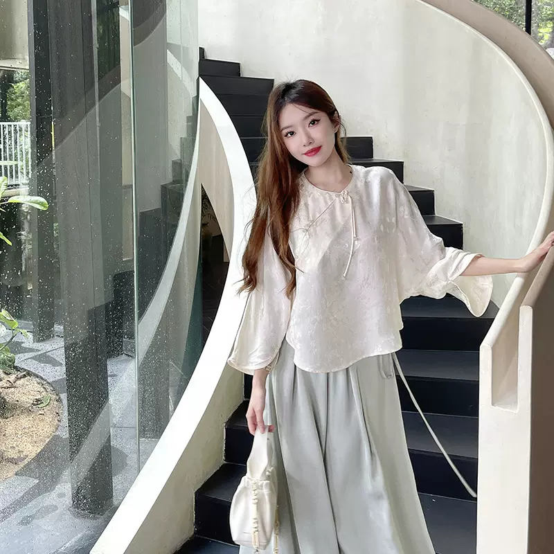 林间小鹿  人丝新中式上衣女春夏新款精致国风提花小衫