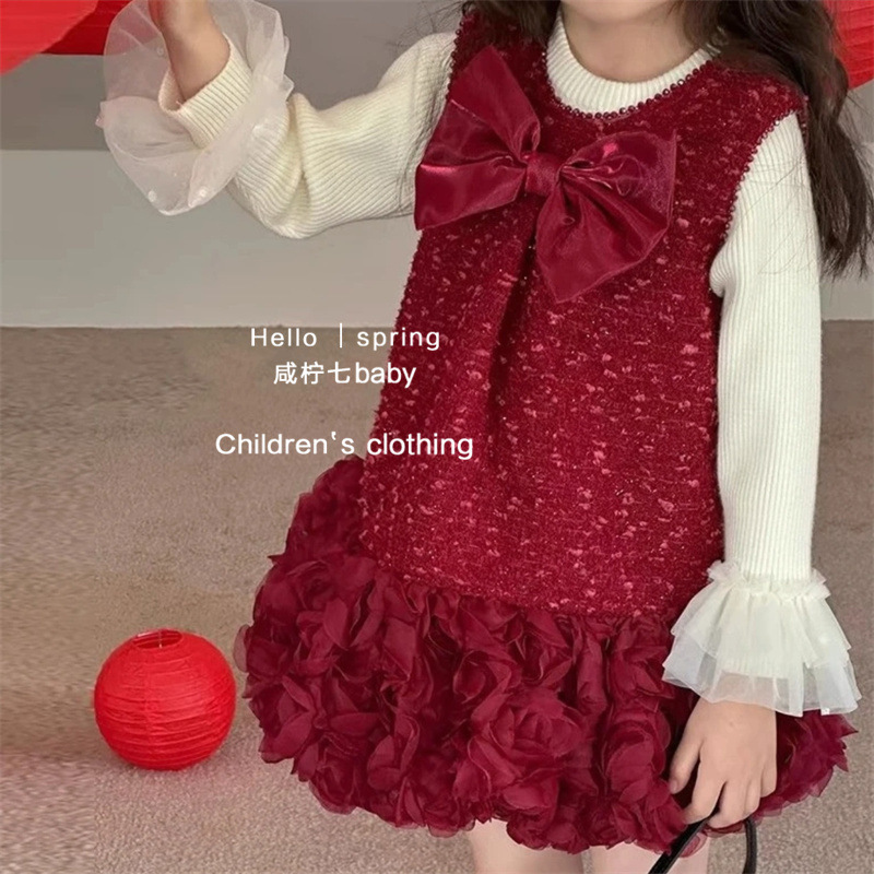 Jubileo vestido de la princesa de las niñas, vestido de aniversario, nuevo chaleco de invierno de mujeres, vestido de lana, vestido de Año Nuevo rojo