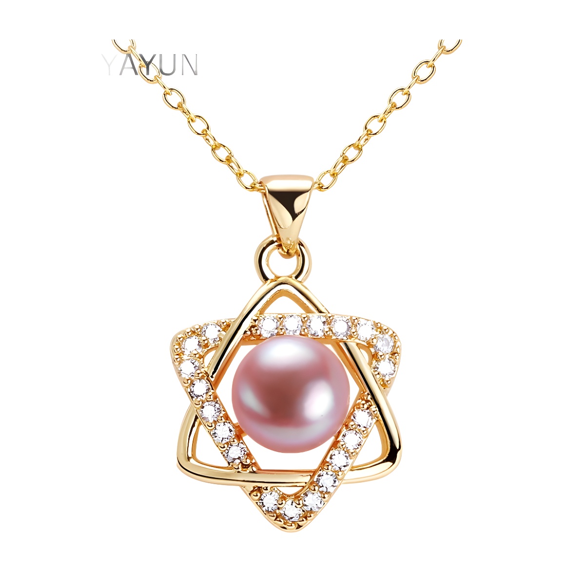 Zhuji Shanxia Lake Natural Freshwater Pearl Pendant Necklace Six-pointed Star Micro-inlaid Zircon Copper Plated with Real Gold Cross-border Source