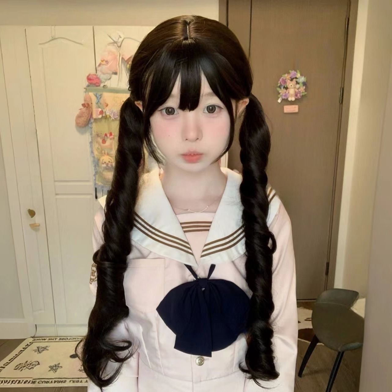 Peruca de cabeza completa Red Shao Luo Natural Lolita Peruca de cola de caballo doble franja nueva moda romana cabello largo