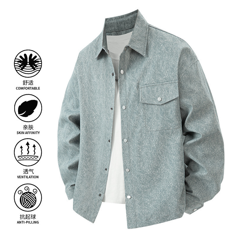 Men's Solid Color Jacket, Youth 3D Hollow American-Style Heavy Workwear Shirt, Casual Fashion Coat, Cross-Border Plus Size