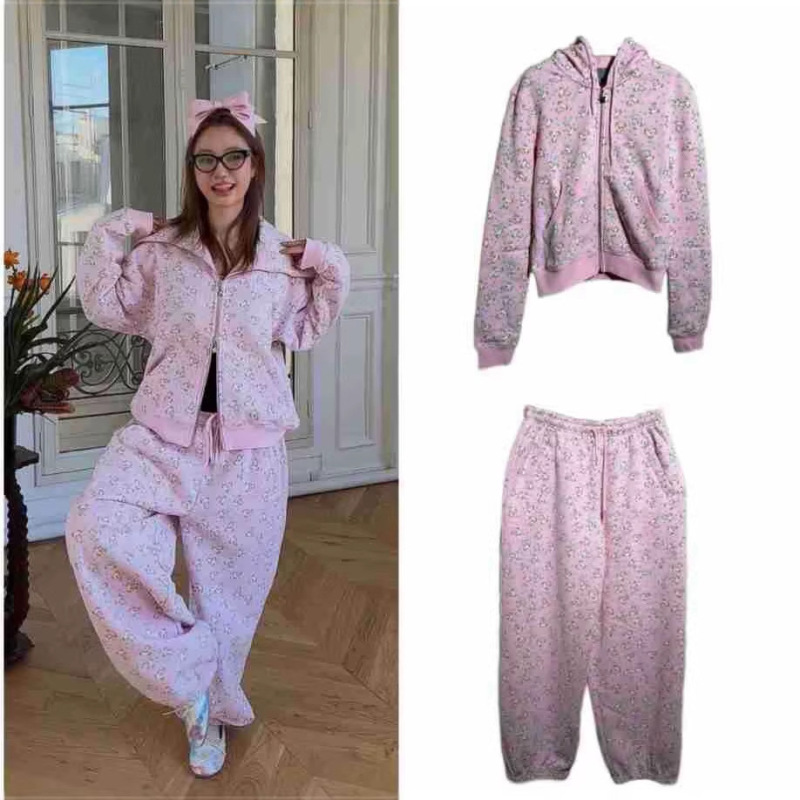 Top Version Pink Panda Print Mask-Style Hooded Sweatshirt Jacket Casual Sweatpants Set for Women 26 Spring New Model