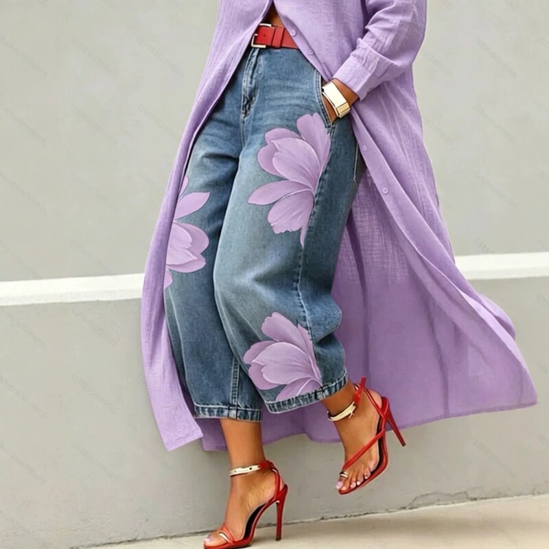 2026 Cross-Border New Product European and American Style Faux Denim 3D Printed Loose Comfortable Versatile Wide-Leg Long Pants for Women