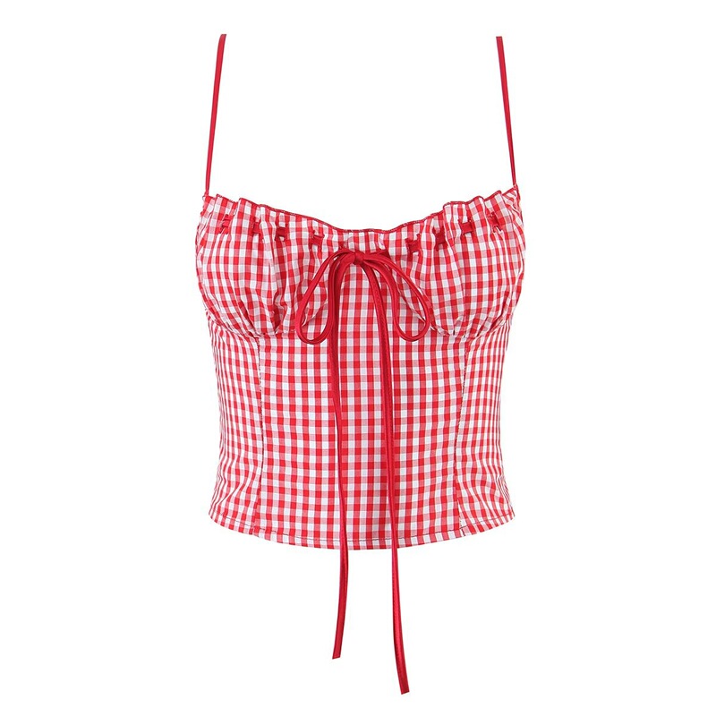 Ins-Style Red Plaid Slim-Fit Fishbone Camisole 2026 Spring New Front-Tie Slimming Outerwear Tube Top Tank Top