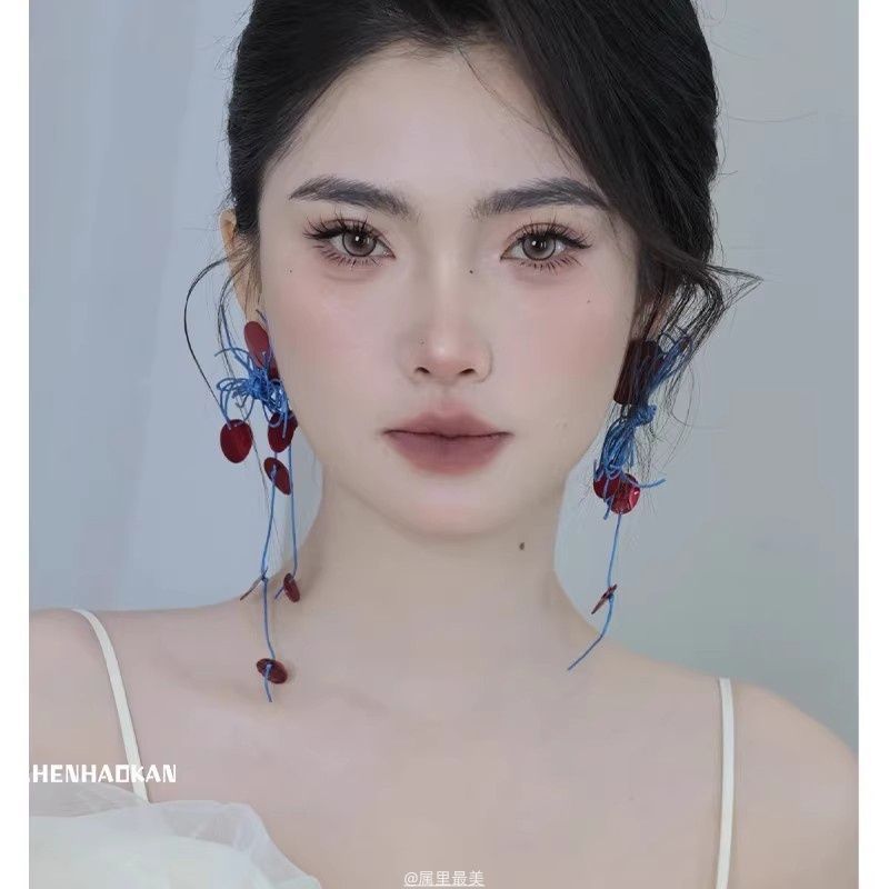 小衆赤青衝突色編み流蘇イヤリング高級感気質ピアス新中国式花嫁結婚朝服アクセサリー|undefined