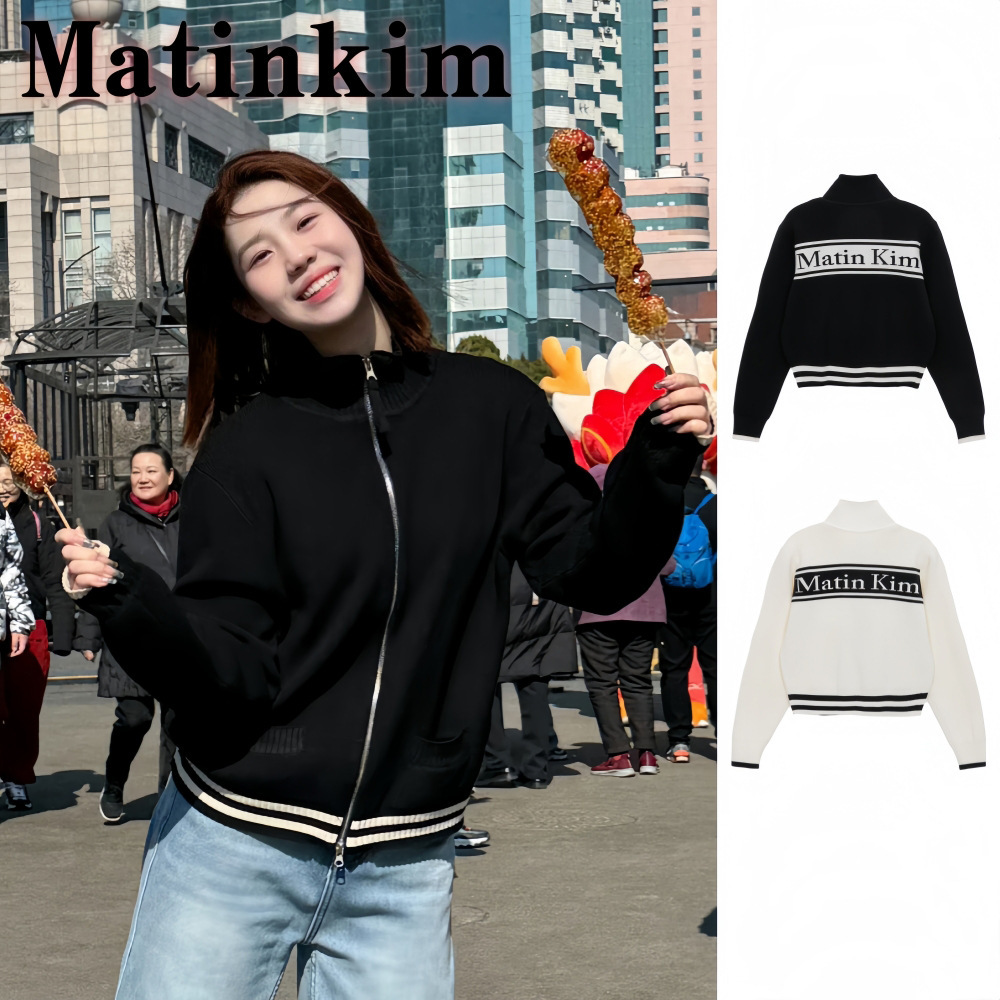 Korean Trendy Brand Matinkim Knitwear Jacquard Letter Zipper Long-Sleeved Knitwear Cardigan Jacket Men's and Women's Tops