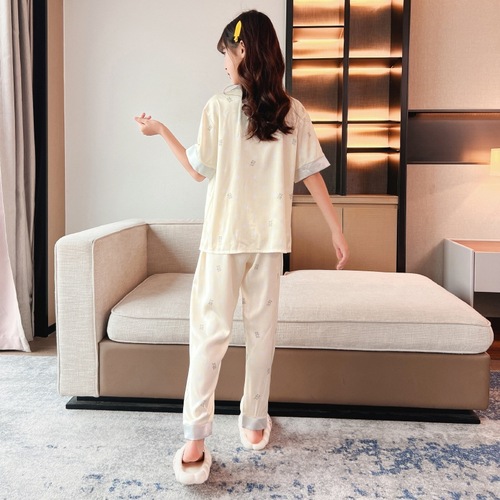 Children's 3-Piece Pajama Set 2024 Summer New Air Conditioning Suit Neutral Cardigan Cartoon Short Sleeve Chiffon Homecoming Clothes