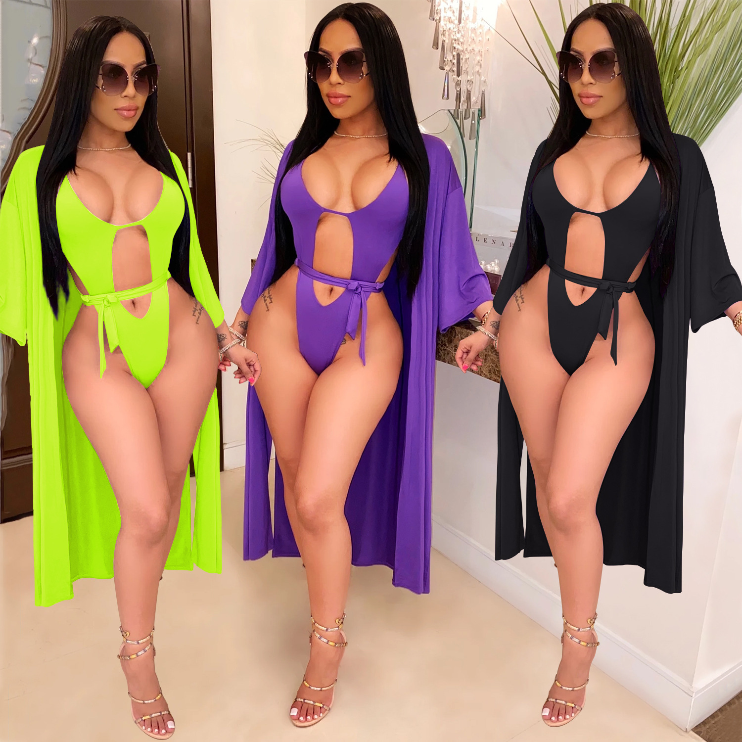 Traje de Baño Entero con Salida de Baño de Mezcla de Algodón y Poliéster, Color Liso, para Playa y Piscina
