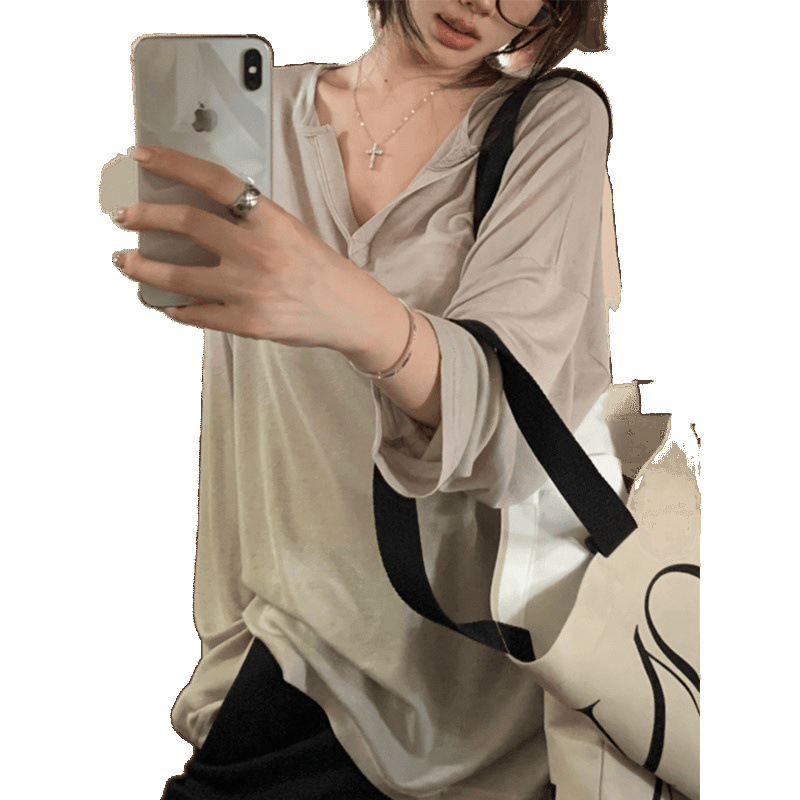 ホットガール日焼け止めブラウス女性の夏 2025 新しい微透けマスク長袖 Tシャツ純粋な欲望アウターレイヤードホワイトトップ|undefined